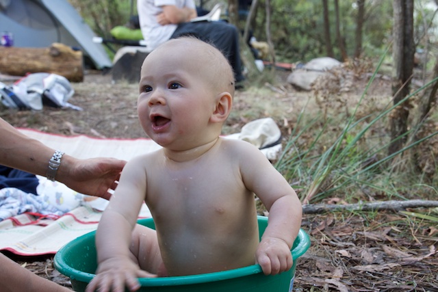 Jasper cooling off at the campsite in Chris and Suzie's tub