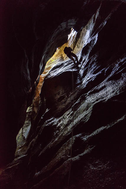 Bob on the abseil into the lower constriction - Tigersnake Canyon